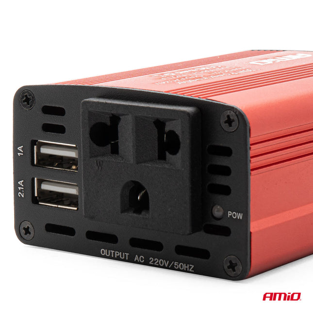 AMiO Stroom Omvormer 12V/230V Sigarettenplug naar Stopcontact Rood (2 x USB) 150W/300W - VCTparts.nl