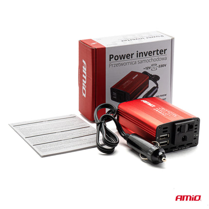 AMiO Stroom Omvormer 12V/230V Sigarettenplug naar Stopcontact Rood (2 x USB) 150W/300W - VCTparts.nl