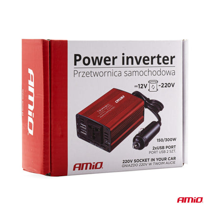 AMiO Stroom Omvormer 12V/230V Sigarettenplug naar Stopcontact Rood (2 x USB) 150W/300W - VCTparts.nl