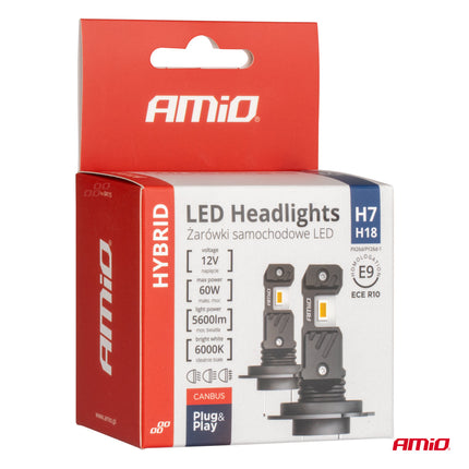 AMiO LED Koplampen Hybrid series H7 (H18) Wit 6000K - 5600LM Canbus 60W - VCTparts.nl