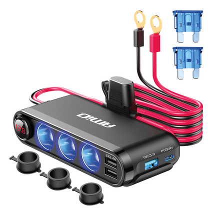 AMiO 3 Dubbele Accu Aansluiting Splitter met (3x USB-A & 1x USB-C) 12V/24V en Voltmeter + Zekeringhouder Zwart - VCTparts.nl