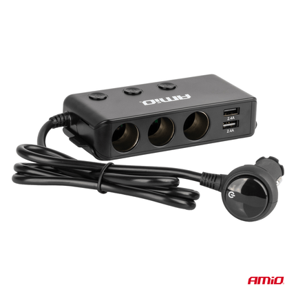 AMiO 3 Dubbele Sigarettenaansteker Plug Splitter met (3x USB-A & 1x USB-C) 12V/24V en Voltmeter Zwart