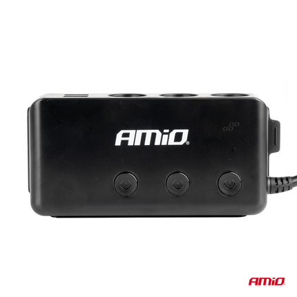 AMiO 3 Dubbele Sigarettenaansteker Plug Splitter met (3x USB-A & 1x USB-C) 12V/24V en Voltmeter Zwart