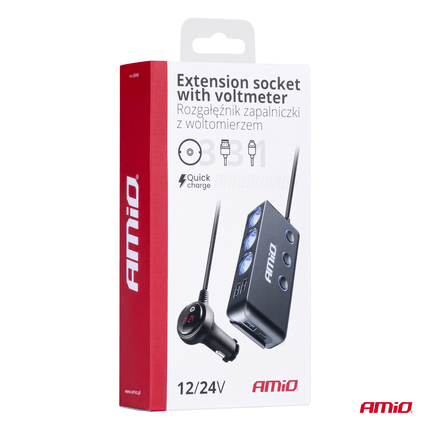 AMiO 3 Dubbele Sigarettenaansteker Plug Splitter met (3x USB-A & 1x USB-C) 12V/24V en Voltmeter Zwart