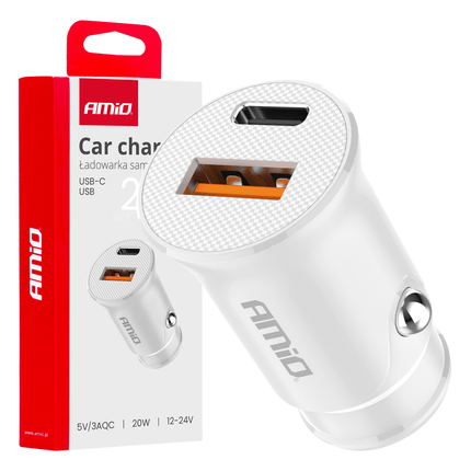 AMiO Auto Oplader USB-A + USB-C 20W 12/24V Wit - VCTparts.nl