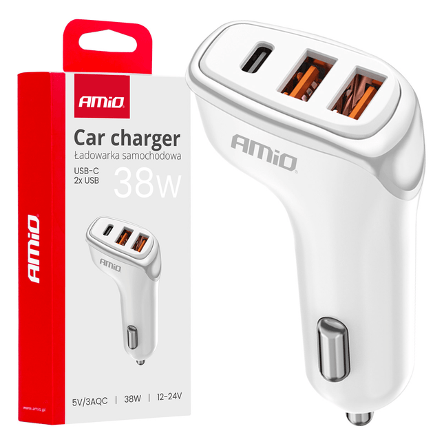 AMiO Autolader Telefoon 2x USB-A + 1x USB-C 38W 12/24V Wit - VCTparts.nl