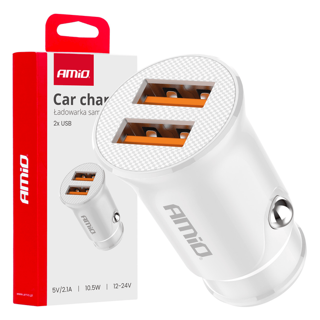 AMiO Autolader Telefoon 2x USB-A 2.1A 12/24V Wit - VCTparts.nl