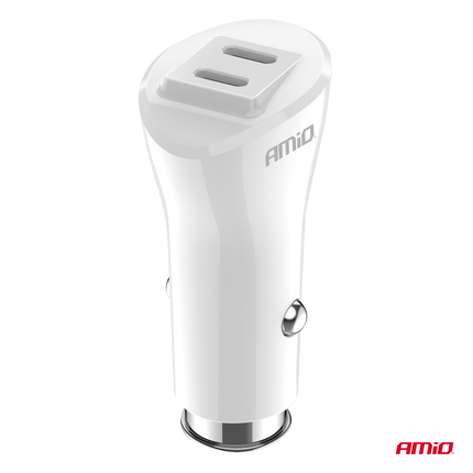 AMiO Autolader Telefoon Dual USB-C 40W 12/24V Wit - VCTparts.nl