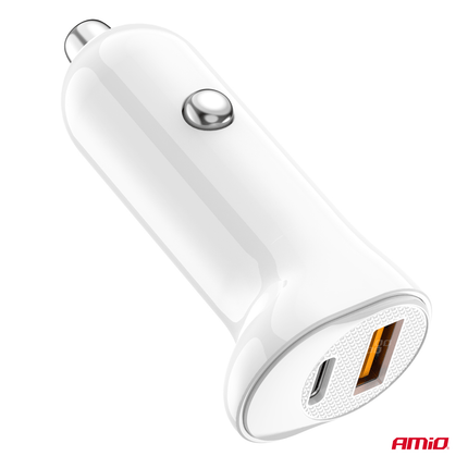 AMiO Autolader Telefoon USB-A + USB-C 20W 12/24V Wit - VCTparts.nl