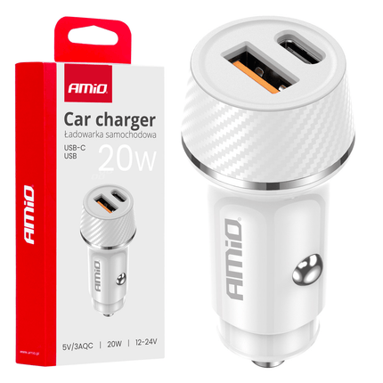 AMiO Autolader Telefoon USB-A + USB-C 20W 12/24V Wit - VCTparts.nl