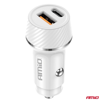 AMiO Autolader Telefoon USB-A + USB-C 20W 12/24V Wit - VCTparts.nl