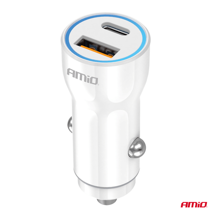 AMiO Autolader Telefoon USB-A + USB-C 20W 12/24V Wit - VCTparts.nl