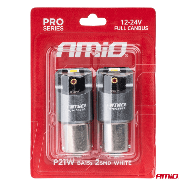 AMIO BA15S P21W LED 12V -24V 2x1860 SMD CANBUS BLANC [LUMIÈRE ARRIÈRE - Indicateur de direction - Lumière d'inversion] (2 pièces)