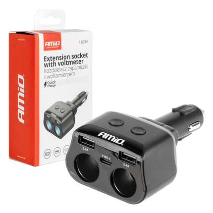 AMiO Dubbele Sigarettenaansteker Plug Splitter met (2x USB-A & 1x USB-C) 12V/24V en Voltmeter Zwart