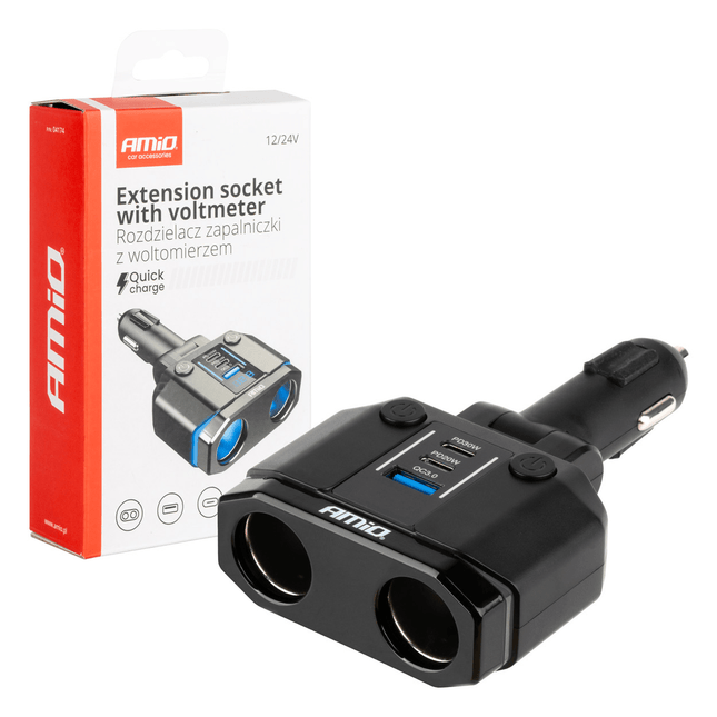 AMiO Dubbele Sigarettenaansteker Plug Splitter met (2x USB-A & 1x USB-C) 12V/24V QC3.0 200W Voltmeter Zwart