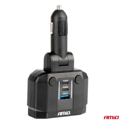 Amio Double Cigarette Light Filt Splitter avec (2x USB-A et 1X USB-C) 12V / 24V QC3.0 200W Voltmètre noir