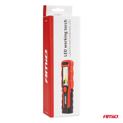 AMiO Magnetische Werklamp Inspectie Auto Zaklamp met 12/24v & 230v Lader Rood-Zwart - VCTparts.nl