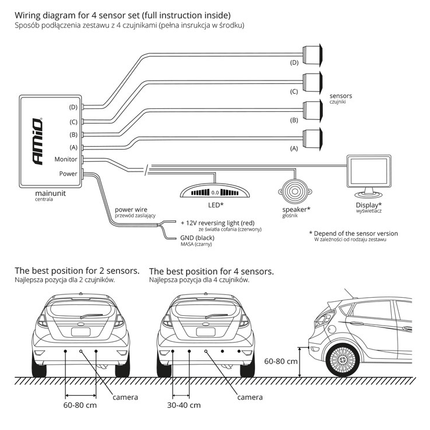 AMiO Parkeersensor Parkeerhulpsysteem LED met 4 Plak Sensoren & Pieper Inbouw Zwart - VCTparts.nl