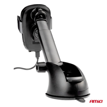 AMiO Suction Mount Telefoonhouder met 15W Draadloze Oplader - Verstelbare Arm en Herbruikbare Zuignap Zwart - VCTparts.nl