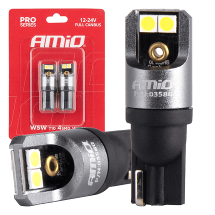 AMiO T10 W5W LED 12V-24V 4x3030 SMD Wit Canbus [Interieurverlichting - Dagrijverlichting] (2 stuks) - VCTparts.nl