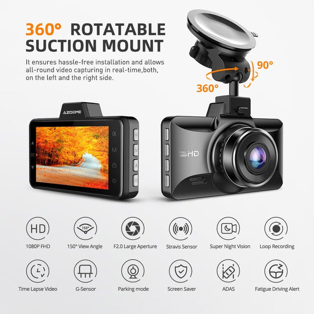 AZDome Dashcam M01 FullHD met Scherm Auto Video Recorder Zwart