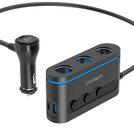 Choetech TC0021 Autolader met 2 USB-C Poorten 1 USB-A Poort en 3 Sigarettenaansteker Aansluitingen Zwart - VCTparts.nl