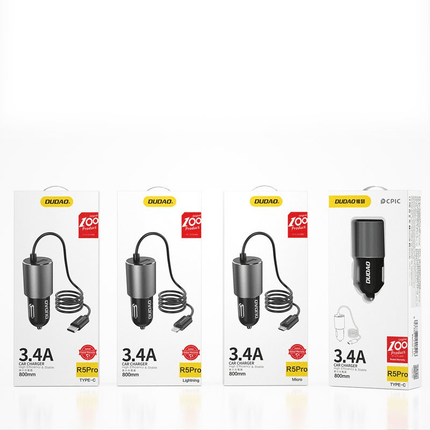 Dudao Autolader Oplader USB-C & USB-A Snellader -  3.4A (1m) Grijs [Triple Fast Car Charger] - VCTparts.nl