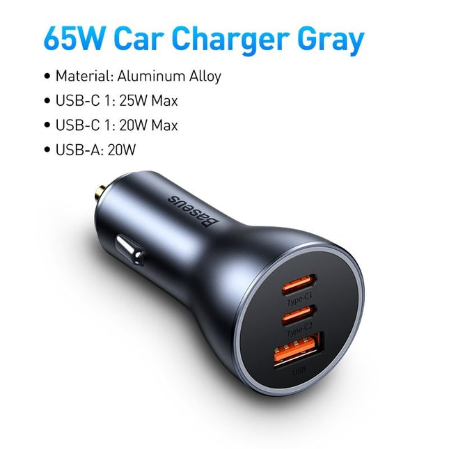 Baseus  Autolader Oplader USB-C & USB 3x Snellader - Grey 65W [Triple Fast Car Charger] - VCTparts.nl