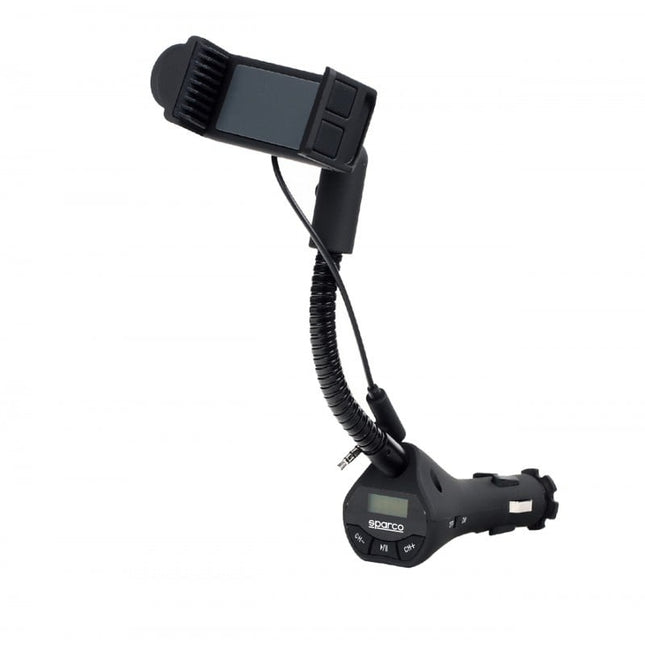 Sparco Bluetooth Muziek FM Transmitter + Telefoonhouder Handsfree Combi Zwart - VCTparts.nl