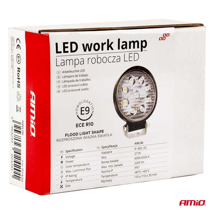 AMiO Krachtige Werklamp AWL06 9 LED FLOOD 9-36V Verstraler Spot Robuust Offroad - VCTparts.nl