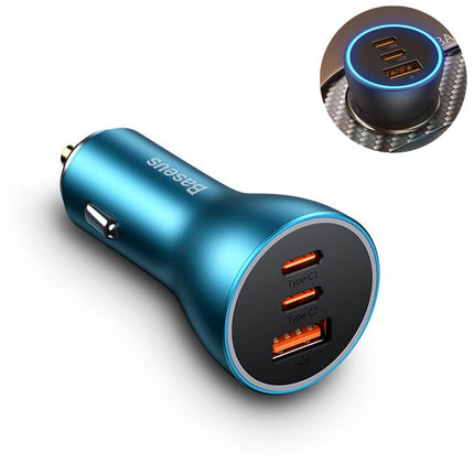 Baseus  Autolader Oplader USB-C & USB 3x Snellader - Navy Blue 65W [Triple Fast Car Charger]