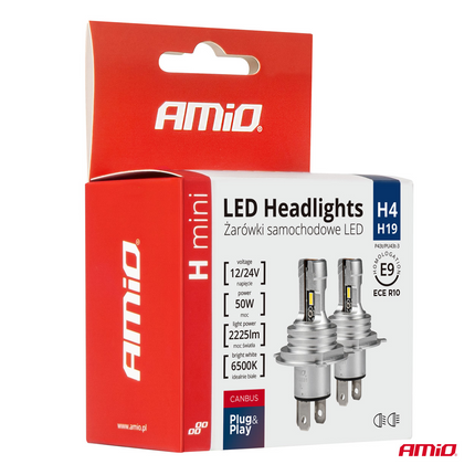 Amio Dimlicht LED H4 / H19 Mini 6500K blanc (ensemble) 12V / 24V [Phares blancs - Dimlights blancs]