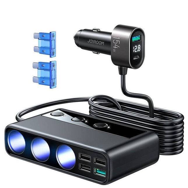 Joyroom  Autolader met Sigarettenaansteker Splitter Snellader 154W Zwart [3 x 12V 4 x USB-A USB-C QC3.0 USB-A]