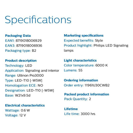 Philips  Ultinon T10 LED 6000K Wit Verlichting 12V W5W (set) [Stadsverlichting - Parkeerverlichting - Kentekenverlichting - Interieurverlichting]