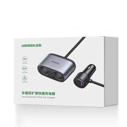 UGREEN Autolader 2x USB / 2x Sigarettenaansteker Splitter Zwart [1x USB-C & 1x USB-A]