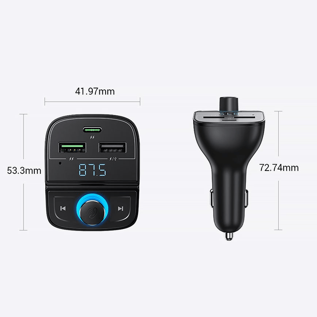 UGREEN  Bluetooth 5.0 Muziek FM Transmitter en 1x USB-C & 2x USB-A Dubbele USB Poort Autolader Zwart - VCTparts.nl