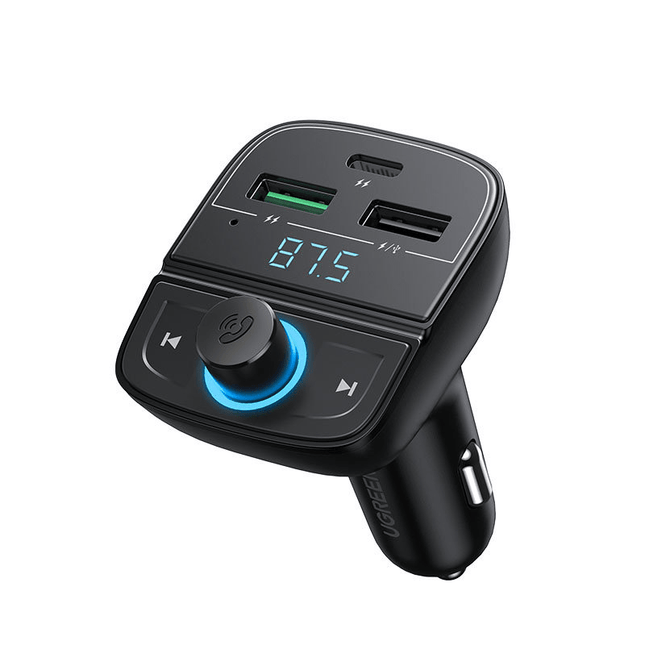 UGREEN  Bluetooth 5.0 Muziek FM Transmitter en 1x USB-C & 2x USB-A Dubbele USB Poort Autolader Zwart - VCTparts.nl