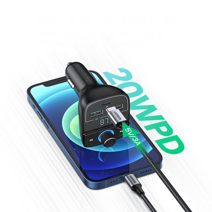 UGREEN  Bluetooth 5.0 Muziek FM Transmitter en 1x USB-C & 2x USB-A Dubbele USB Poort Autolader Zwart - VCTparts.nl