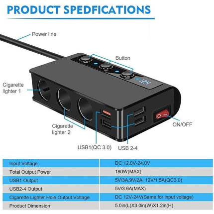 180W Sigarettenaansteker Splitter Quick Charge 3.0 Auto-oplader Adapter 12V/24V - VCTparts.nl