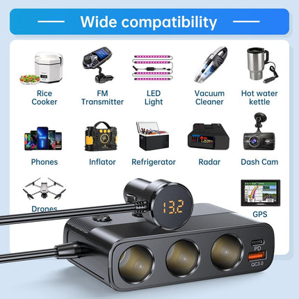 Autolader met Sigarettenaansteker Splitter Snellader 127W Zwart [3 x 12V 3 x USB-A USB-C QC3.0 USB-A] - VCTparts.nl