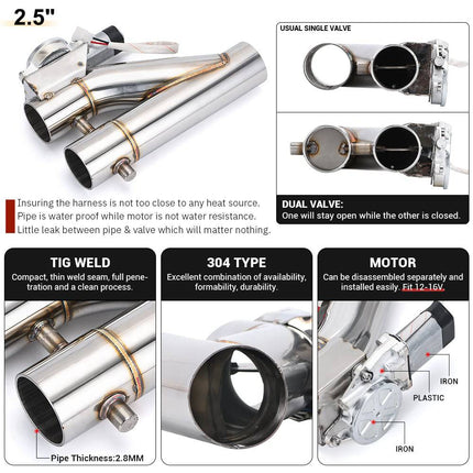 Système de soupape d'échappement électrique 25 pouces 63 mm Ø Bypass universellement sans fil avec télécommande - Double tuyau avec pince