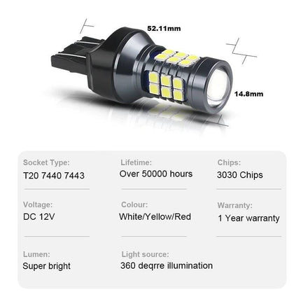 High Power T20 LED Lamp Bol - Oranje / Amber Geel (set) 7443 W21/5W 3030SMD - VCTparts.nl