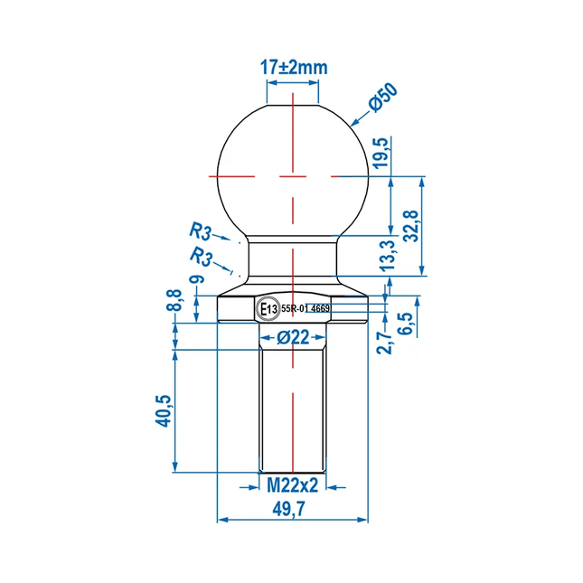 Trekhaakkogel Recht M22 x 50mm E-gekeurd D981/S200 Schroefkogel Trekhaak Kogelstang - VCTparts.nl